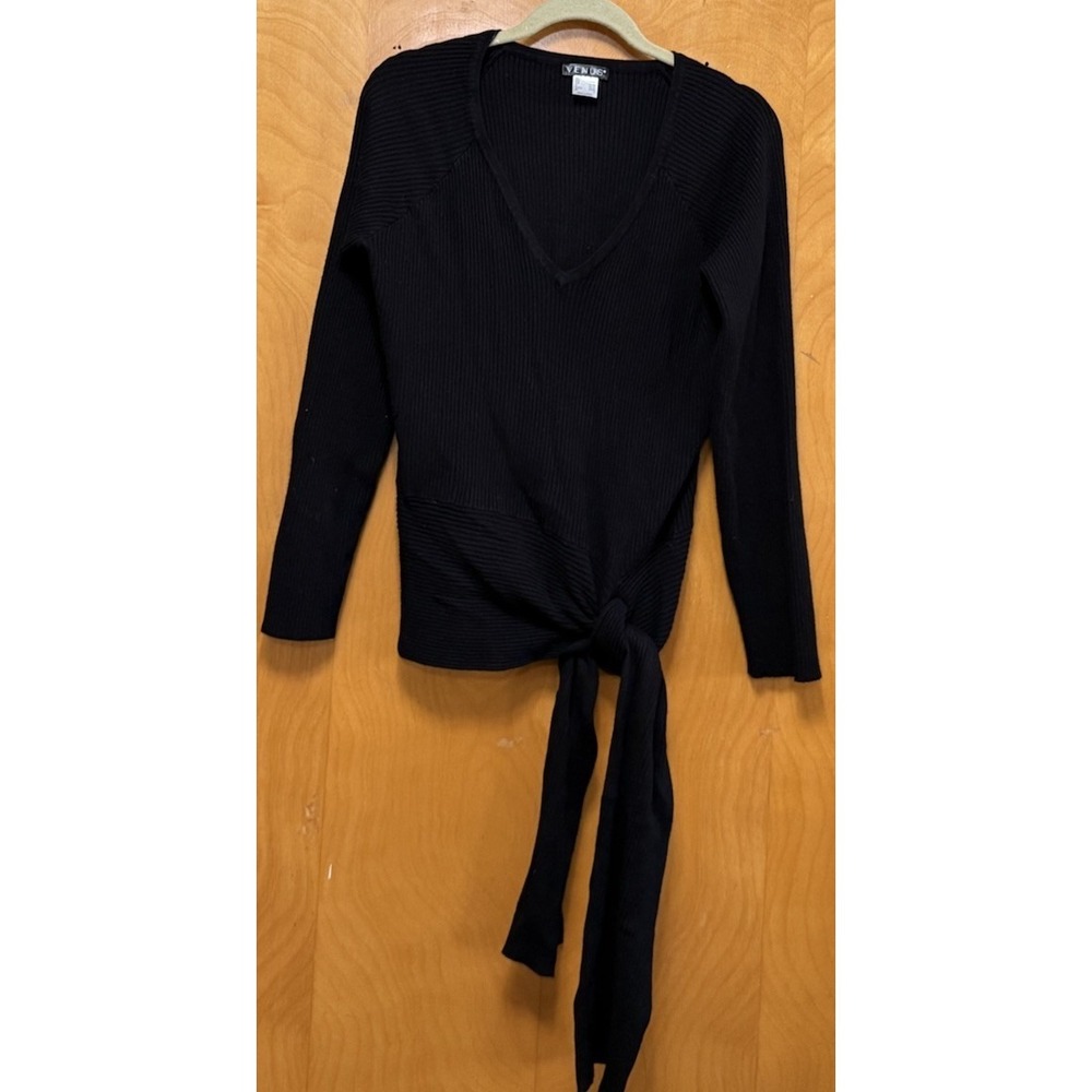 Venus Womens Rib Knit V-Neck Sweater Side Tie Stretch Black Sz L‎